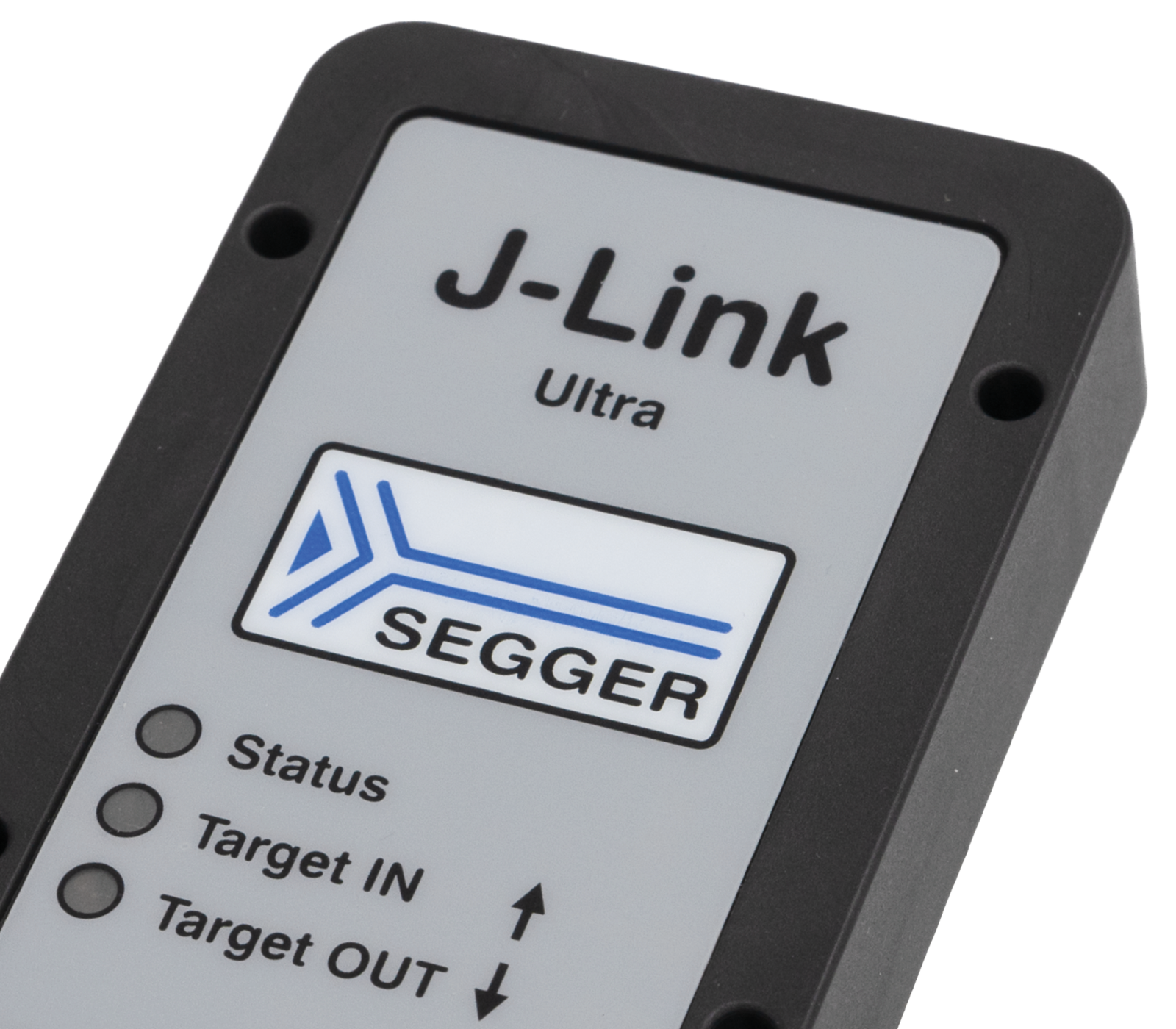 A gray device labeled "J-Link Ultra" from SEGGER, featuring three circular indicators for "Status," "Target IN," and "Target OUT." It is designed for programming and debugging embedded systems.